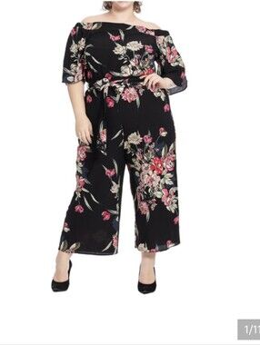 City Chic Black Floral Off-Shoulder Belted Tie Jumpsuit Size 20
